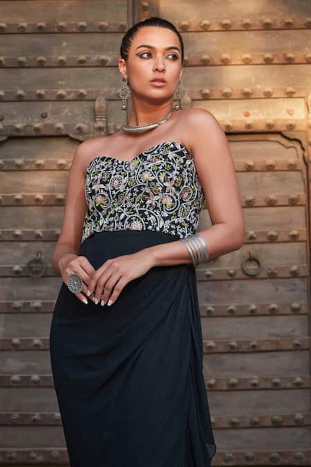 Shop_Bohame_Green Georgette Embroidery Sweetheart Neck Nia Draped Gown _Online_at_Aza_Fashions