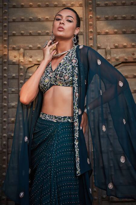 Bohame_Green V-neck Abstract Print Draped Skirt And Cape Set _Online_at_Aza_Fashions