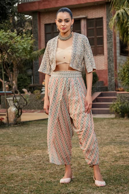 Bohame_Peach Georgette Embroidery V-, Open Gayle Jacket Tulip Pant Set _Online_at_Aza_Fashions