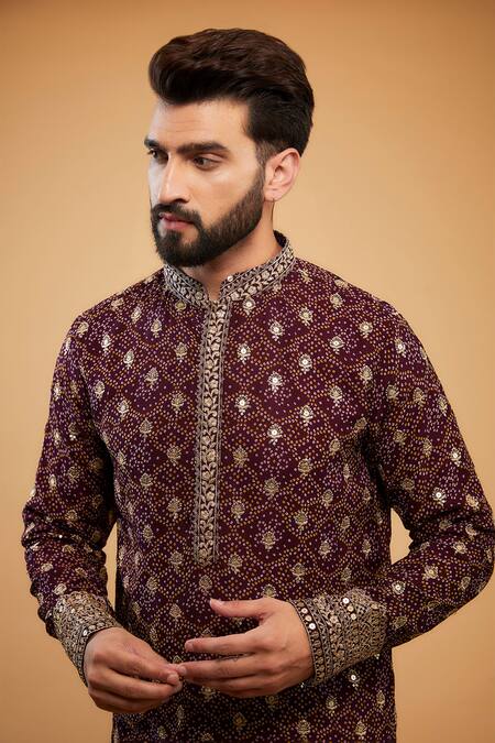 Buy_Kasbah_Wine Georgette Zari Geometric Pattern Embroidered Kurta _Online_at_Aza_Fashions