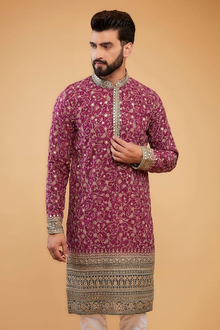 Kasbah_Pink Georgette Embroidery Chikankari Zari Kurta _Online_at_Aza_Fashions