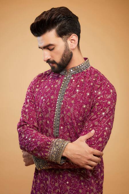 Buy_Kasbah_Pink Georgette Embroidery Chikankari Zari Kurta _Online_at_Aza_Fashions