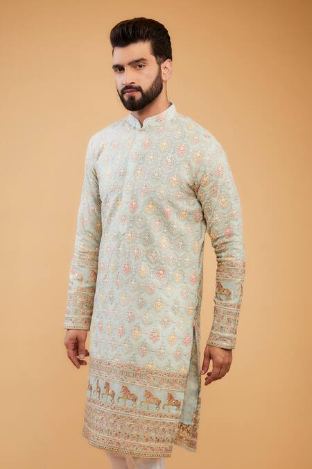 Kasbah_Blue Georgette Embroidery Horse Figures Kurta _Online_at_Aza_Fashions