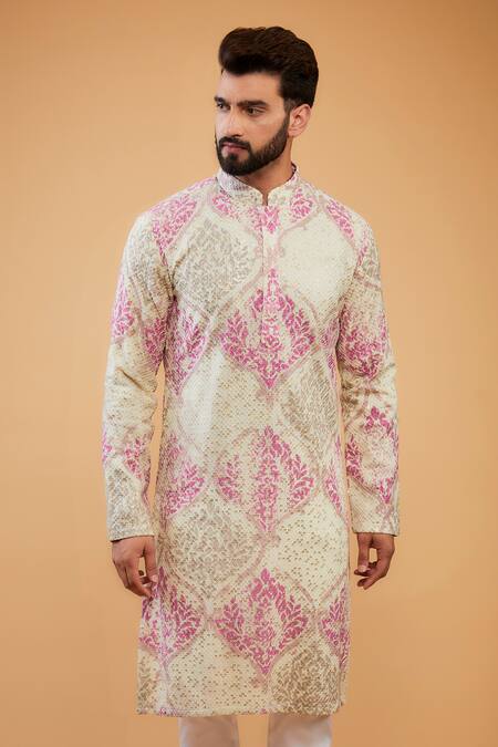 Kasbah_Multi Color Georgette Embroidery Chikankari Checks Kurta _Online_at_Aza_Fashions