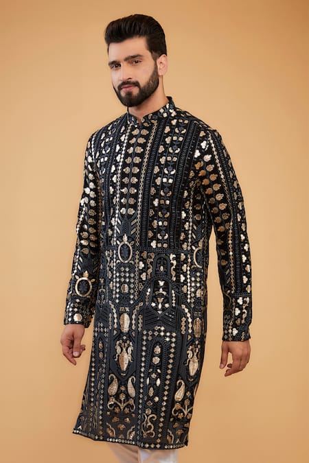 Kasbah_Black Georgette Leather Patchwork Kurta _Online_at_Aza_Fashions