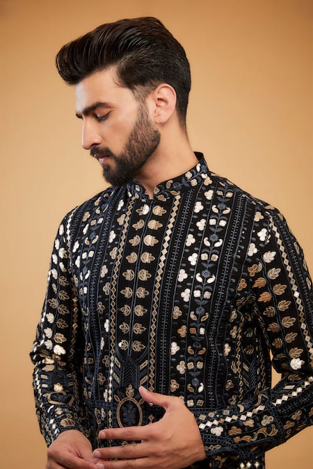 Buy_Kasbah_Black Georgette Leather Patchwork Kurta _Online_at_Aza_Fashions