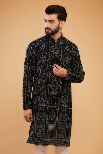 Kasbah Black Georgette Embroidery Traditional Heritage Kurta Online at Aza Fashions Kasbah_Black Georgette Embroidery Traditional Heritage Kurta _Online_at_Aza_Fashions