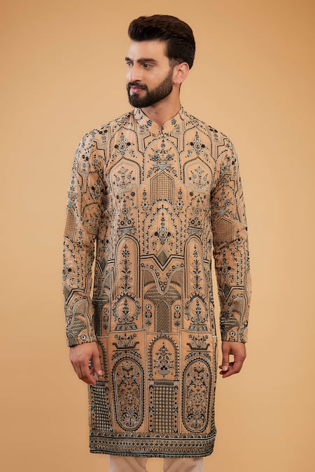 Kasbah_Beige Georgette Embroidery Traditional Chikankari Kurta _Online_at_Aza_Fashions