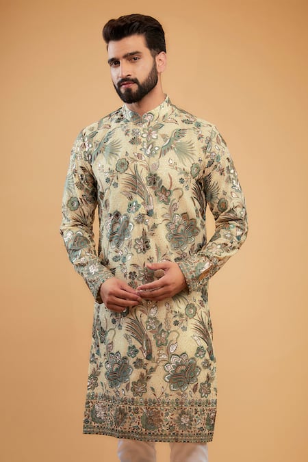 Kasbah_Beige Georgette Embroidery Flora Fauna Kurta _Online_at_Aza_Fashions