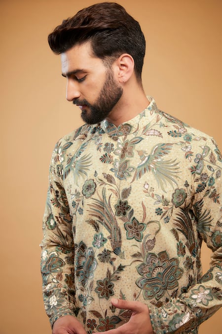 Buy_Kasbah_Beige Georgette Embroidery Flora Fauna Kurta _Online_at_Aza_Fashions