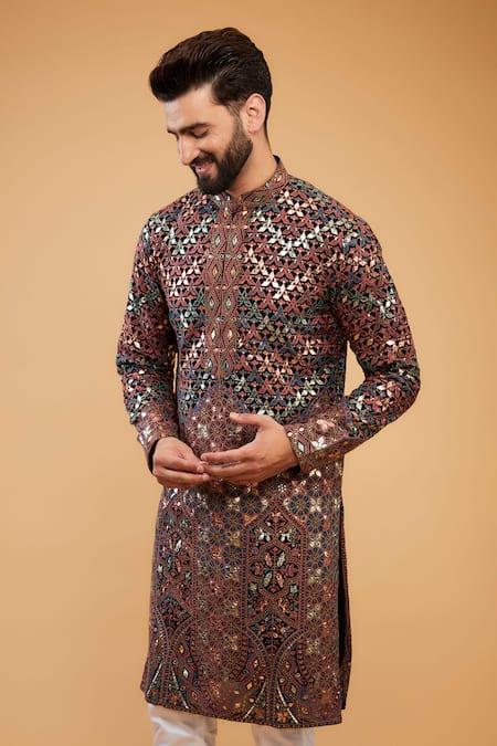 Kasbah_Black Silk Embroidery Leather Patchwork Kurta _Online_at_Aza_Fashions