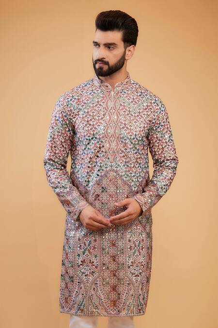 Kasbah_Multi Color Georgette Embroidery Floral Leather Patchwork Kurta _Online_at_Aza_Fashions