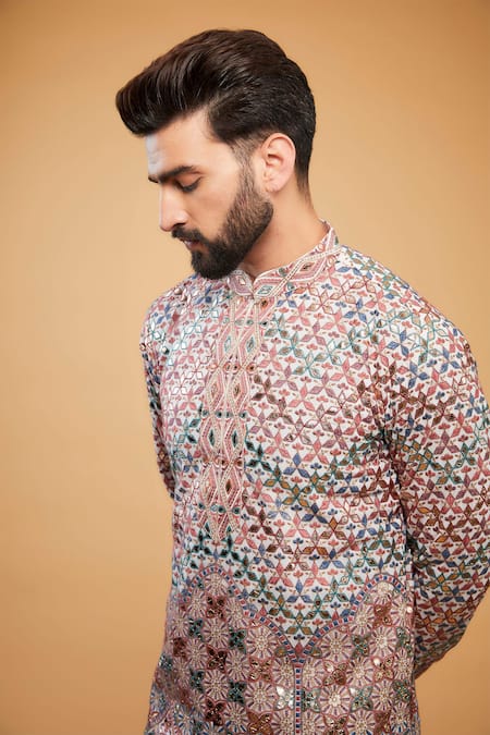Buy_Kasbah_Multi Color Georgette Embroidery Floral Leather Patchwork Kurta _Online_at_Aza_Fashions