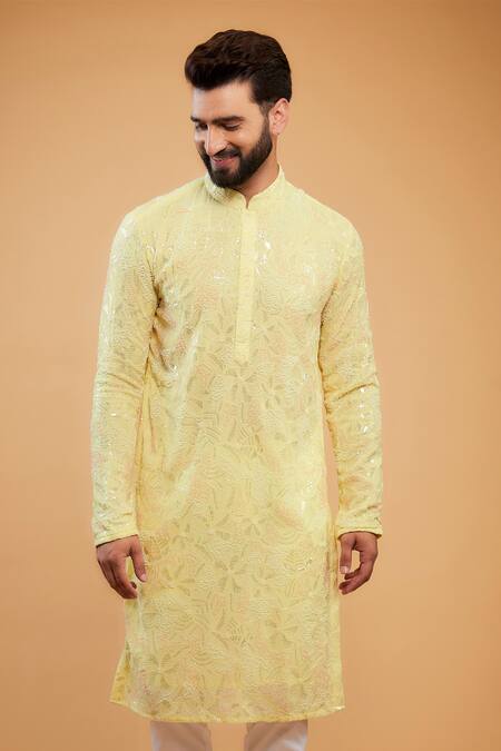 Kasbah Yellow Georgette Cut Work, Sequins, Embroidery Chikankari Cutdana Kurta Online at Aza Fashions Kasbah_Yellow Georgette Cut Work, Sequins, Embroidery Chikankari Cutdana Kurta_Online_at_Aza_Fashions