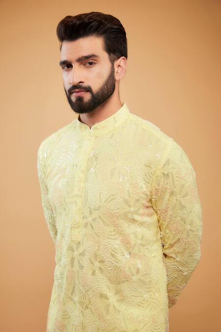 Buy Kasbah Yellow Georgette Cut Work, Sequins, Embroidery Chikankari Cutdana Kurta Online at Aza Fashions Buy_Kasbah_Yellow Georgette Cut Work, Sequins, Embroidery Chikankari Cutdana Kurta_Online_at_Aza_Fashions