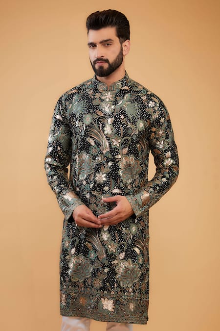 Kasbah_Black Georgette Embroidery, Patchwork Forest Leather Kurta _Online_at_Aza_Fashions