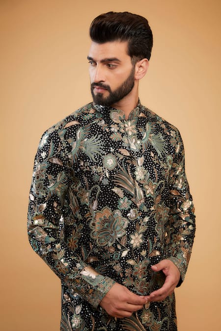Buy_Kasbah_Black Georgette Embroidery, Patchwork Forest Leather Kurta _Online_at_Aza_Fashions