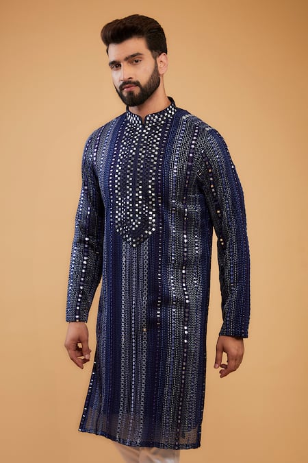 Kasbah_Blue Georgette Mirrors, Embroidery Placket Kurta With _Online_at_Aza_Fashions