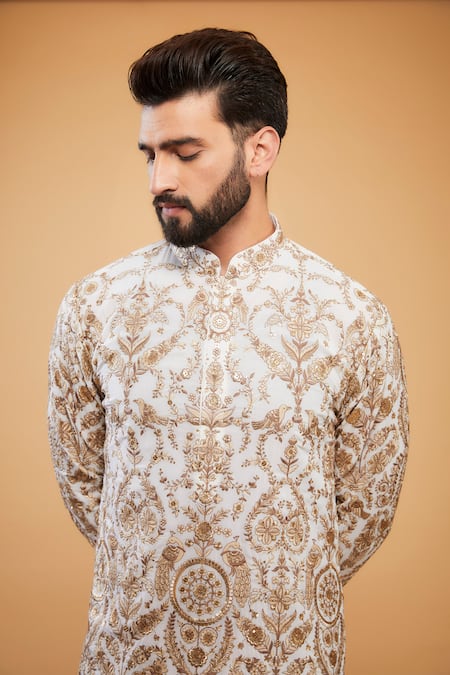 Buy_Kasbah_White Georgette Zari, Sequins Flora Fauna Embroidered Kurta _Online_at_Aza_Fashions