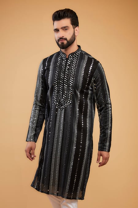 Kasbah_Black Georgette Embroidery, Mirrors And Thread Kurta _Online_at_Aza_Fashions