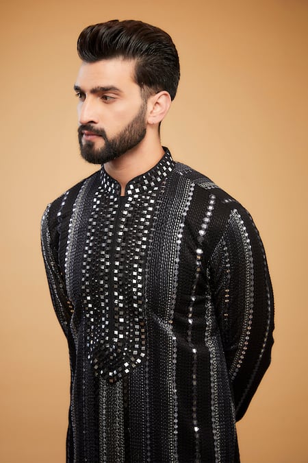 Buy_Kasbah_Black Georgette Embroidery, Mirrors And Thread Kurta _Online_at_Aza_Fashions