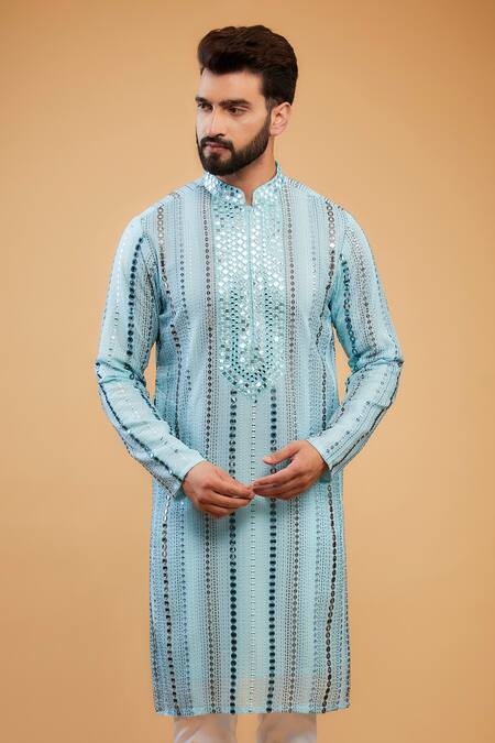 Kasbah_Blue Georgette Mirrors, Embroidery And Thread Neck Kurta _Online_at_Aza_Fashions