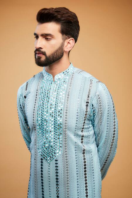 Buy_Kasbah_Blue Georgette Mirrors, Embroidery And Thread Neck Kurta _Online_at_Aza_Fashions