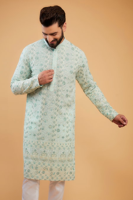 Kasbah_Blue Georgette Embroidery, Sequins Chikankari Floral Kurta _Online_at_Aza_Fashions