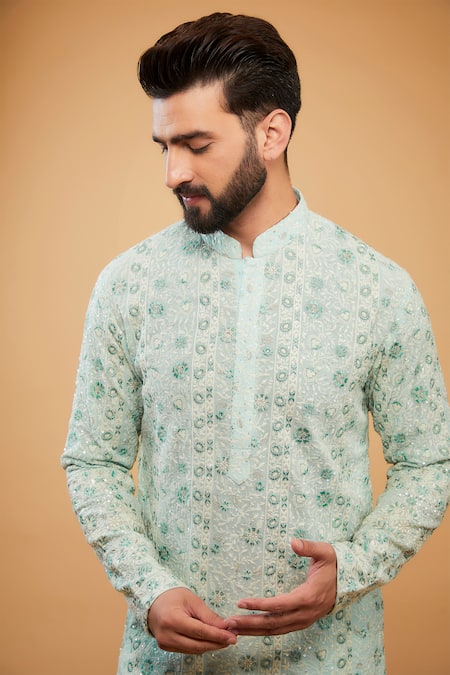 Buy_Kasbah_Blue Georgette Embroidery, Sequins Chikankari Floral Kurta _Online_at_Aza_Fashions