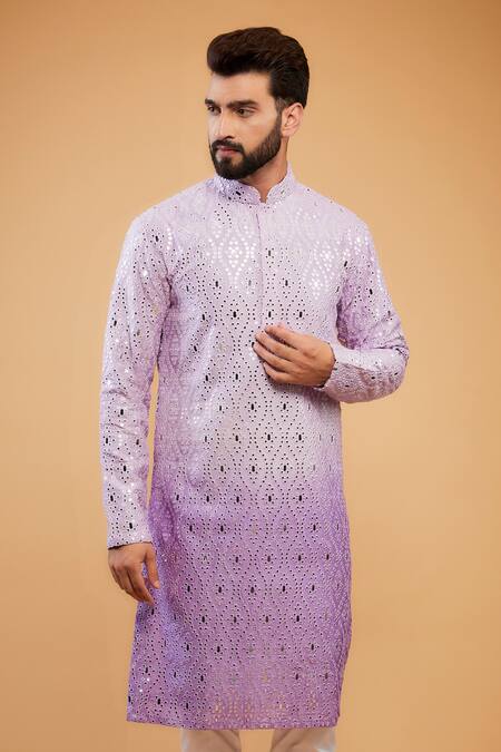 Kasbah_Purple Silk Mirrors, Embroidery Ombre Kurta _Online_at_Aza_Fashions