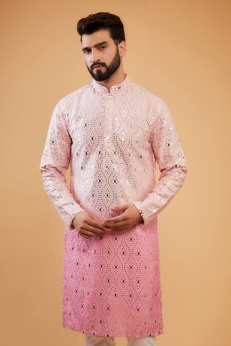 Kasbah_Pink Silk Mirrors, Embroidery Thread Ombre Kurta _Online_at_Aza_Fashions