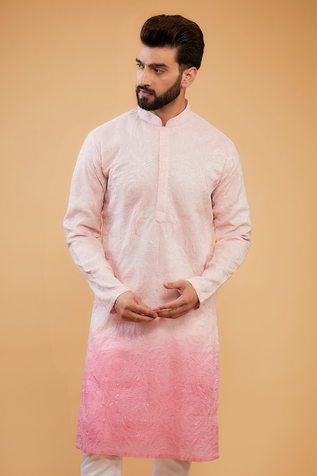 Kasbah_Pink Silk Embroidery Floral Ombre Kurta _Online_at_Aza_Fashions