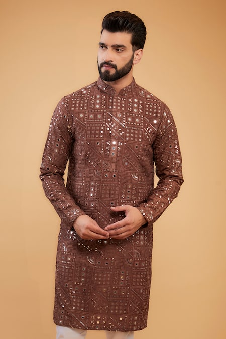 Kasbah_Brown Silk Mirrors, Embroidery Work Straight Kurta _Online_at_Aza_Fashions