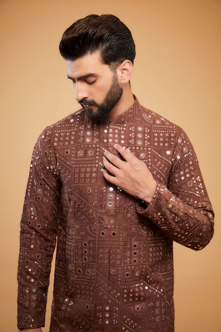 Buy_Kasbah_Brown Silk Mirrors, Embroidery Work Straight Kurta _Online_at_Aza_Fashions