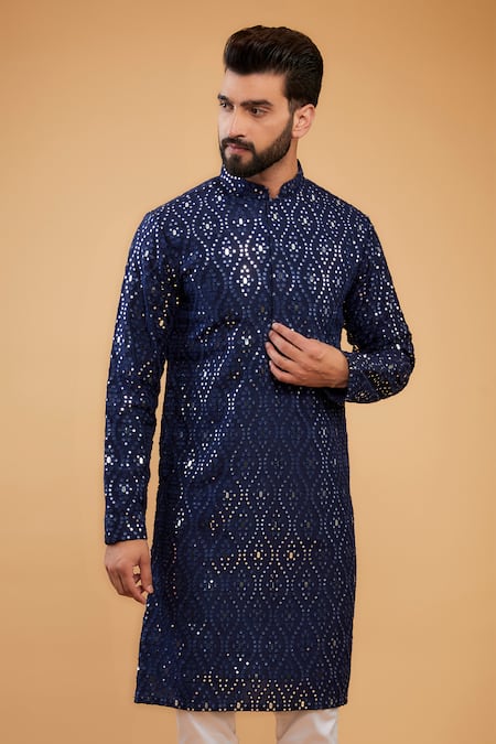 Kasbah_Blue Silk Mirrors, Embroidery Regal Work Kurta _Online_at_Aza_Fashions