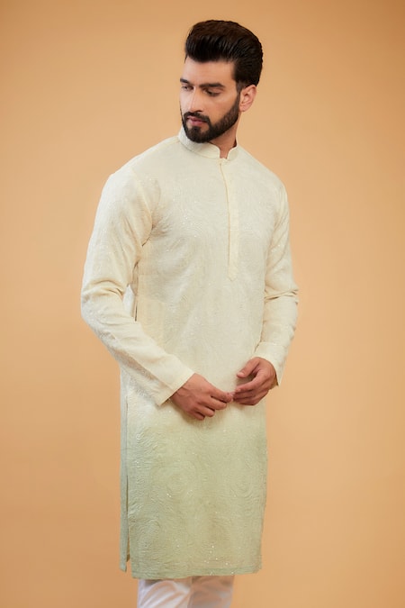 Kasbah_Multi Color Silk Embroidery Chikankari Ombre Kurta _Online_at_Aza_Fashions