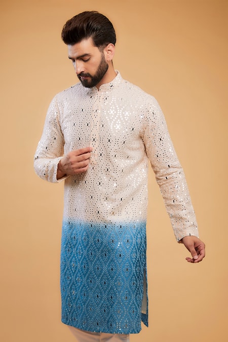 Kasbah_Multi Color Silk Mirrors, Embroidery Work Ombre Kurta _Online_at_Aza_Fashions