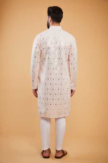 Shop Kasbah Pink Silk Mirrors, Embroidery Thread Straight Kurta at Aza Fashions Shop_Kasbah_Pink Silk Mirrors, Embroidery Thread Straight Kurta _at_Aza_Fashions