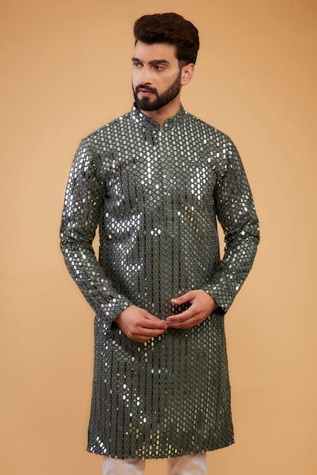 Kasbah_Green Silk Mirrors, Embroidery Classic Kurta _Online_at_Aza_Fashions