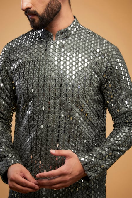 Buy_Kasbah_Green Silk Mirrors, Embroidery Classic Kurta _Online_at_Aza_Fashions