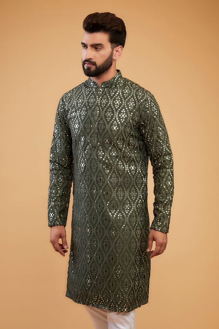 Kasbah_Green Silk Mirrors, Embroidery Classic Kurta _Online_at_Aza_Fashions