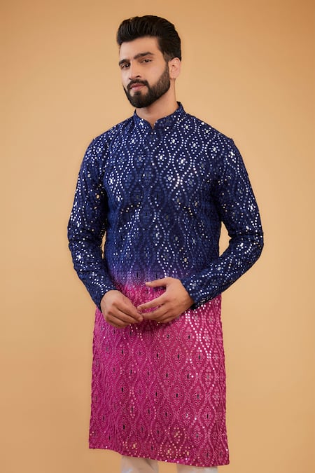 Kasbah_Multi Color Silk Mirrors, Embroidery Ombre Work Kurta _Online_at_Aza_Fashions