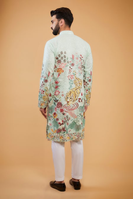 Shop Kasbah Green Georgette Sequins, Embroidery Flora And Fauna Straight Kurta at Aza Fashions Shop_Kasbah_Green Georgette Sequins, Embroidery Flora And Fauna Straight Kurta_at_Aza_Fashions