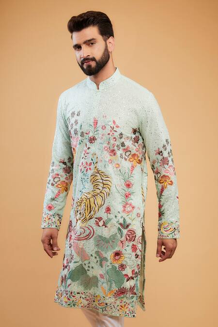Kasbah Green Georgette Sequins, Embroidery Flora And Fauna Straight Kurta Online at Aza Fashions Kasbah_Green Georgette Sequins, Embroidery Flora And Fauna Straight Kurta_Online_at_Aza_Fashions