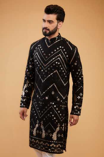 Kasbah_Black Georgette Embroidery, Patchwork Flora And Fauna Kurta _Online_at_Aza_Fashions