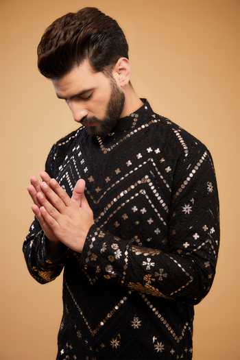 Buy_Kasbah_Black Georgette Embroidery, Patchwork Flora And Fauna Kurta _Online_at_Aza_Fashions