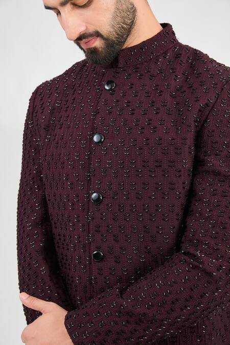 Kasbah_Wine Silk Cut Work Bloom Embroidered Bandhgala _Online_at_Aza_Fashions