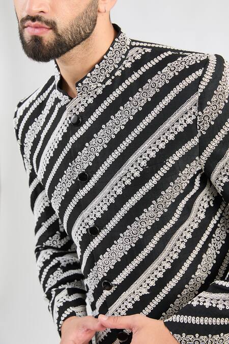 Kasbah_Black Silk Embroidery Floral Vine Dori Bandhgala _Online_at_Aza_Fashions