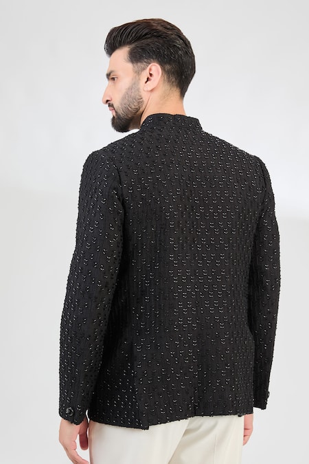 Shop_Kasbah_Black Silk Cut Work Fleur Vine Embroidered Bandhgala _at_Aza_Fashions