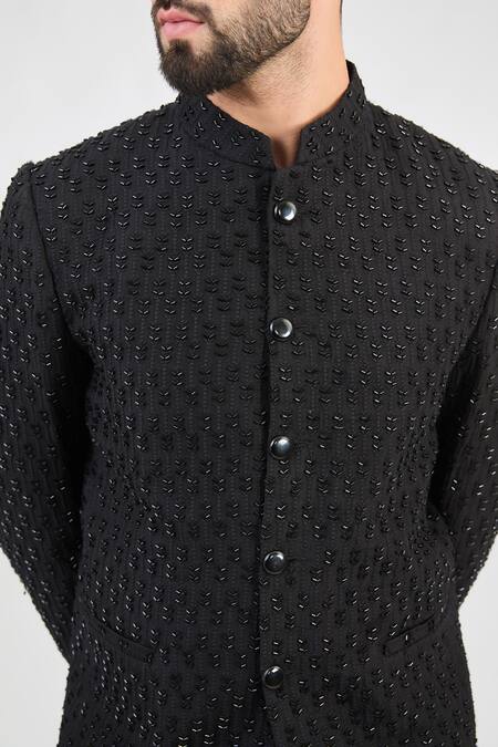 Kasbah_Black Silk Cut Work Fleur Vine Embroidered Bandhgala _Online_at_Aza_Fashions